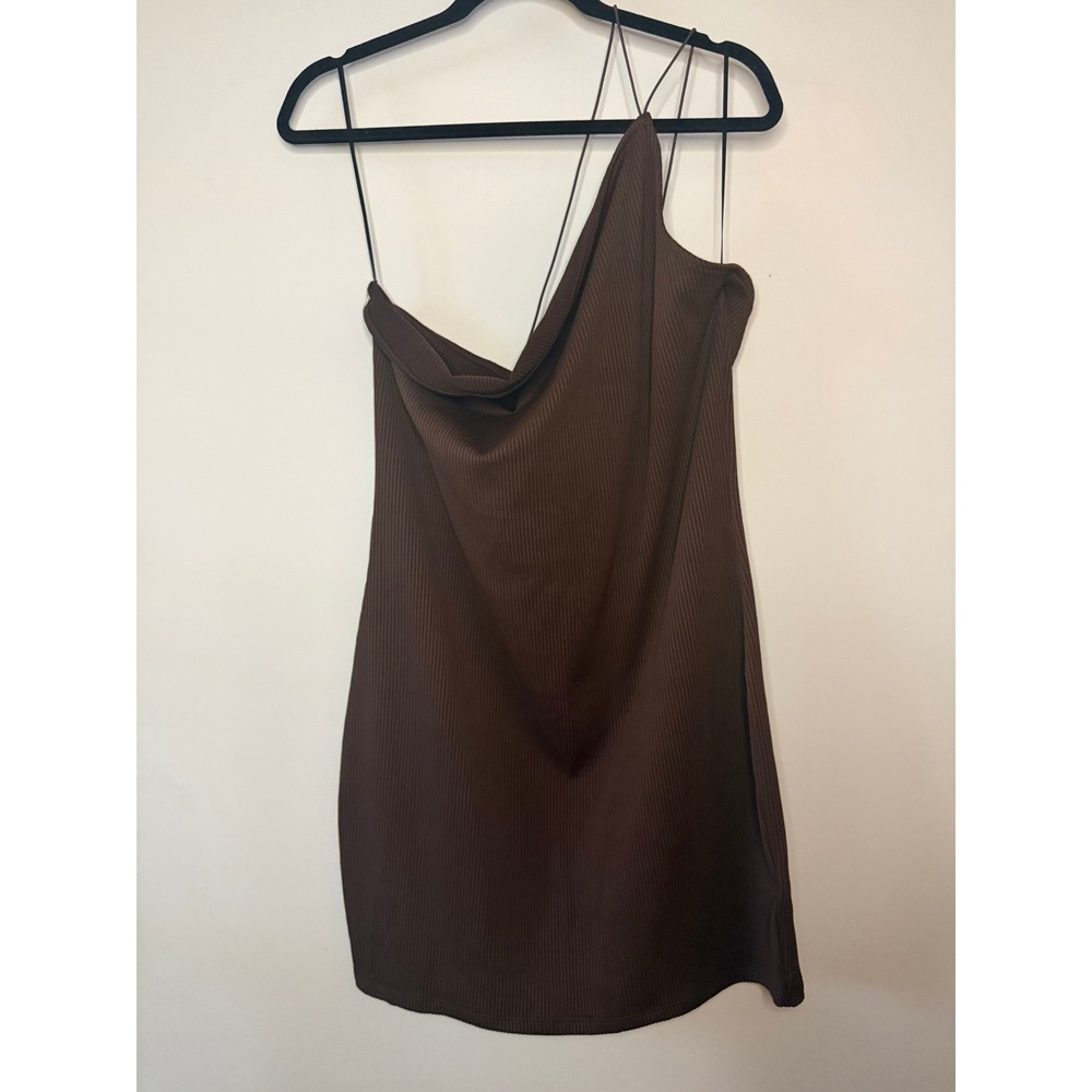 H&M Divided Brown Ribbed One Shoulder Cowl Neck Mini Dress XL